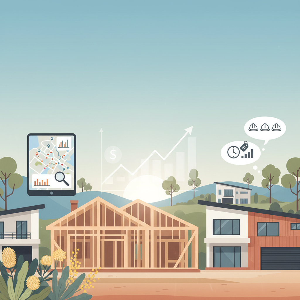 A builder reviews blueprints on an Australian home construction site with cost analysis charts in the foreground, symbolising rising expenses.