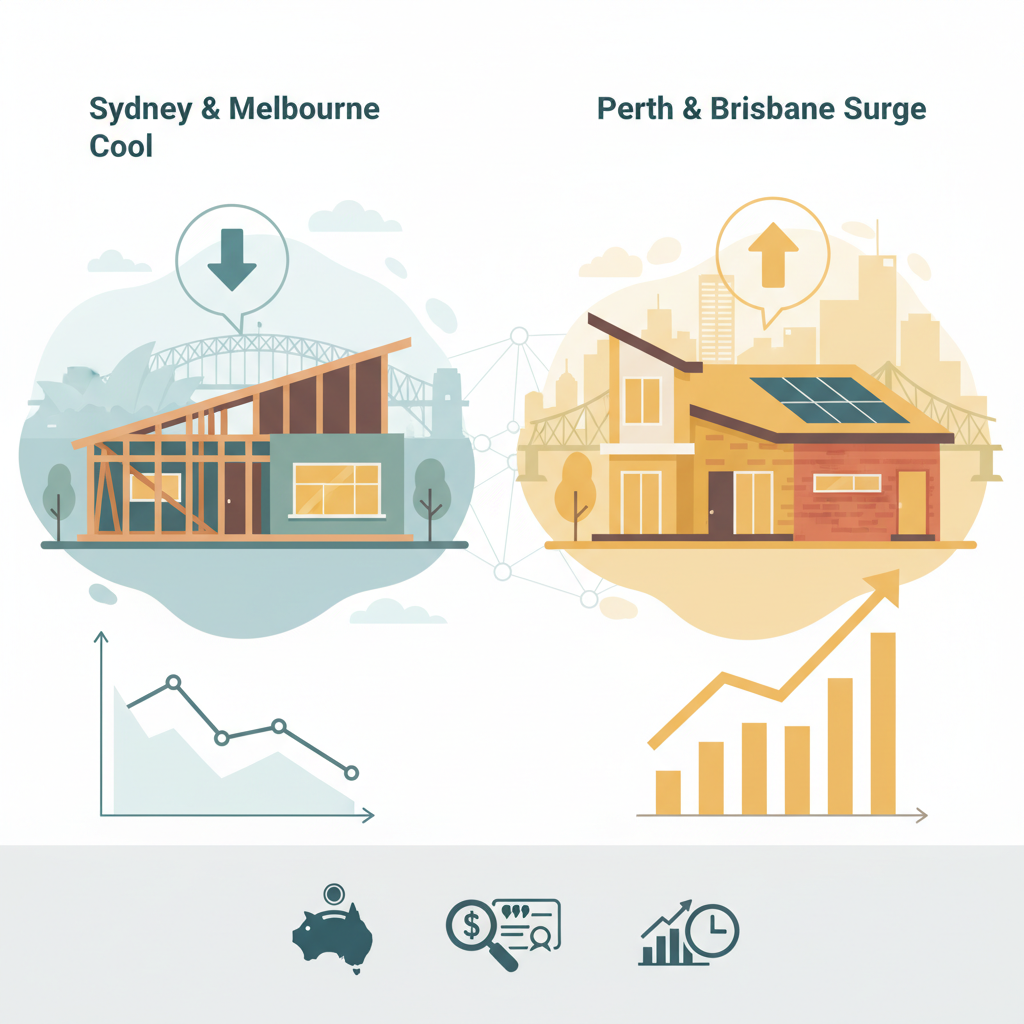 Map of Australia highlighting different housing market trends, with cooling icons over Sydney and Melbourne, and surging arrows over Perth and Brisbane.