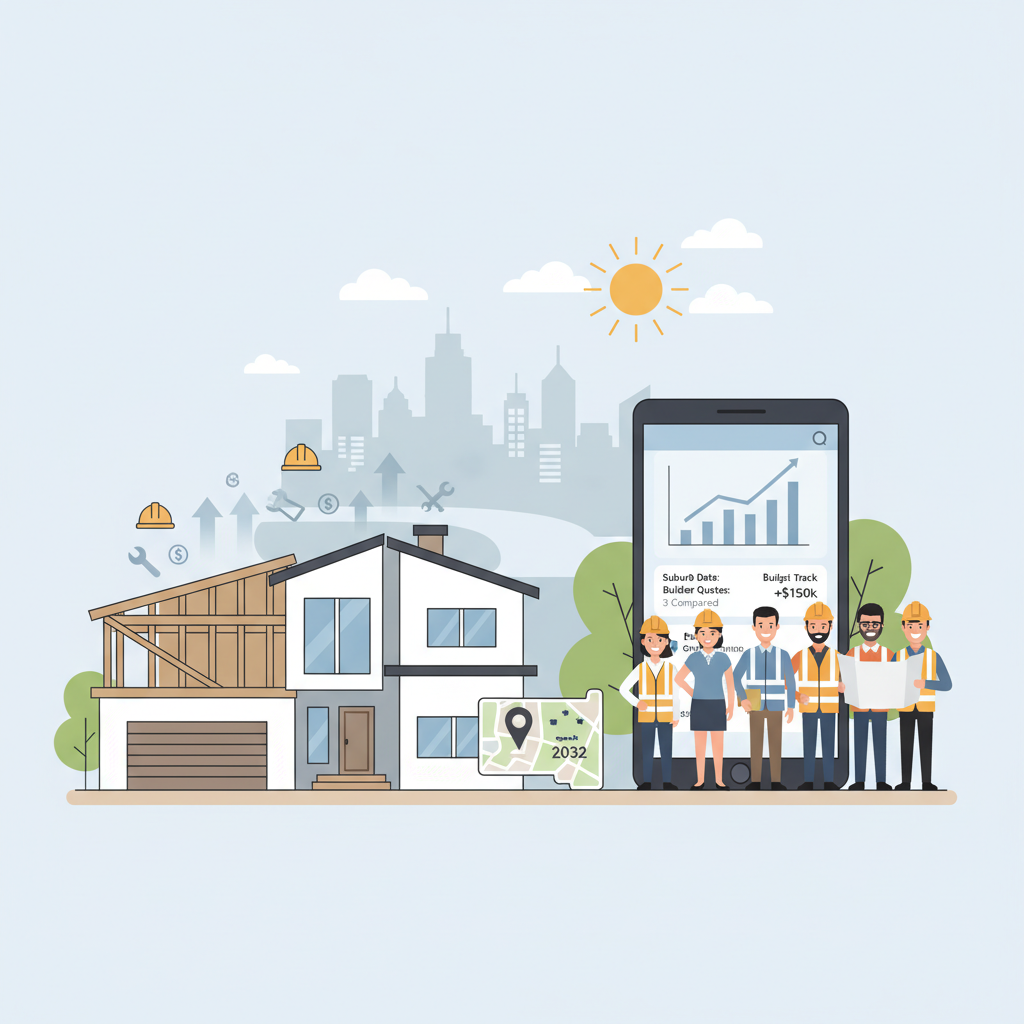 Construction workers on a site with the Brisbane city skyline in the background, symbolising the 2032 Olympics impact.