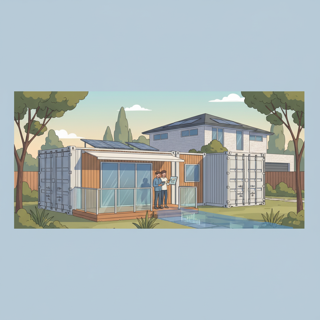 Modern expandable container granny flat exterior with a small deck and garden in an Australian backyard, illustrating cost-effective living.