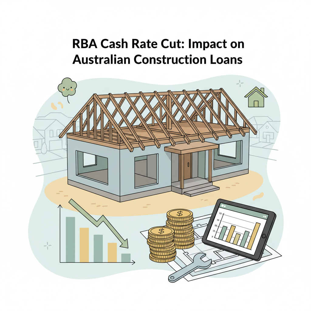 Australian construction site with a graph showing falling interest rates in the foreground, representing the RBA cash rate cut's impact on construction loans.